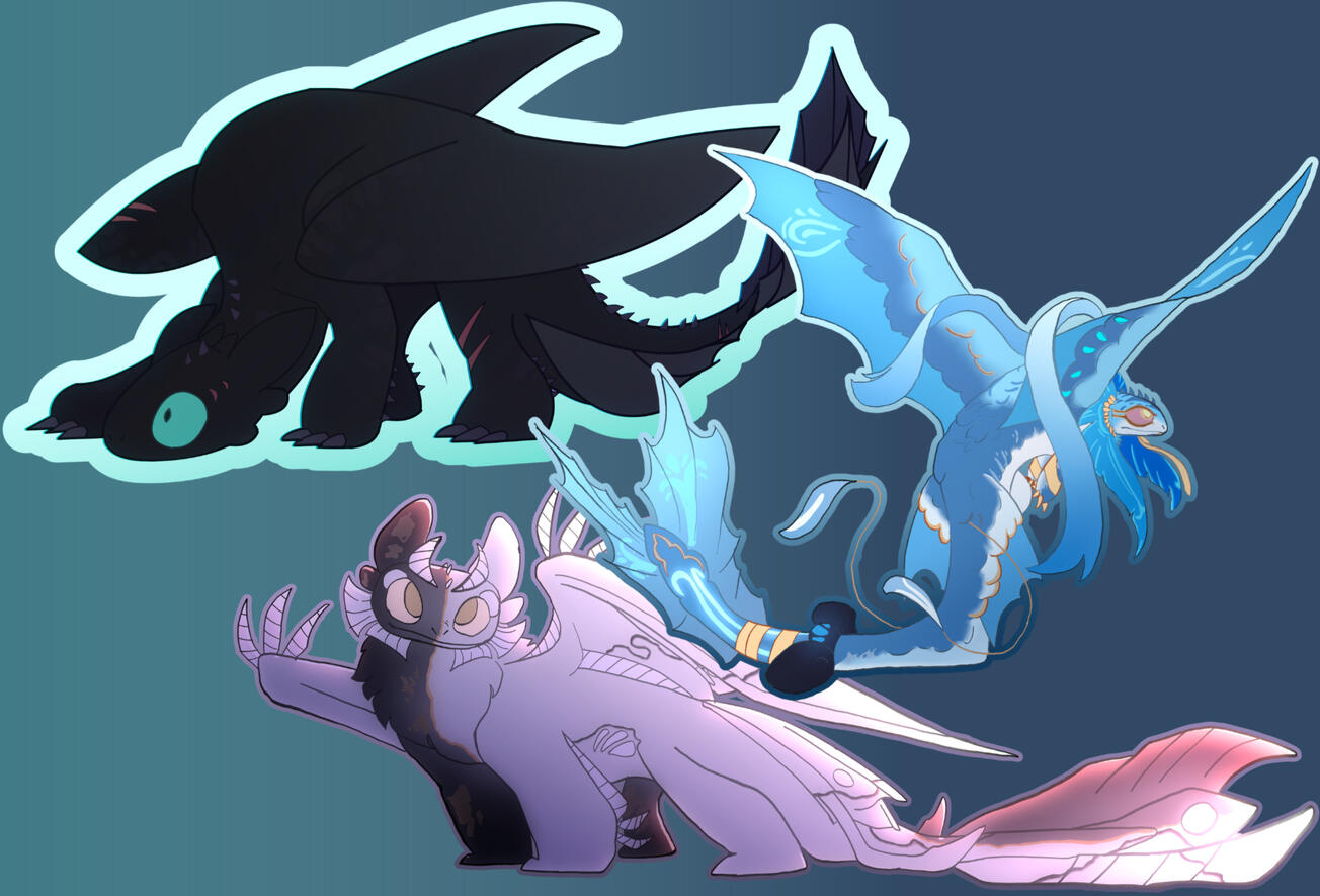 (Fandom Art) HTTYD Fullbody Illustrations: Top Left; Starspine, Top Right; Neuvi (Character Owned By @arboyace), Bottom Middle; Oberon